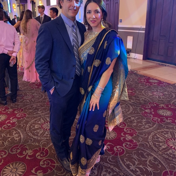 EUC Soch Designer Three Piece Ornate Heavy Blue Ombre Top & Skirt & Saree - Picture 3 of 5